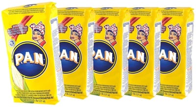 Pan Wit fijn maïsmeel, voorgekookt, Colombia - Venezuela, zak 1,0 kg - Harina de Maiz Blanco precocida, 1 kg, 5-pack 5 x 1 kg met Kajal Sticker