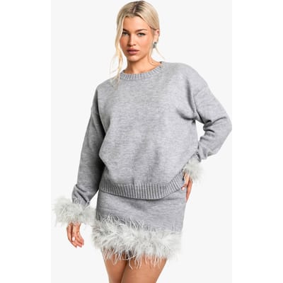 boohoo Dames Gebreide oversized trui met veerboorddetails | Grijs | Maat: Small