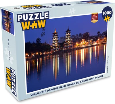 Puzzel Verlichtte Dragon Tiger Tower bij Kaohsiung in Azië - Legpuzzel - Puzzel 1000 stukjes volwassenen