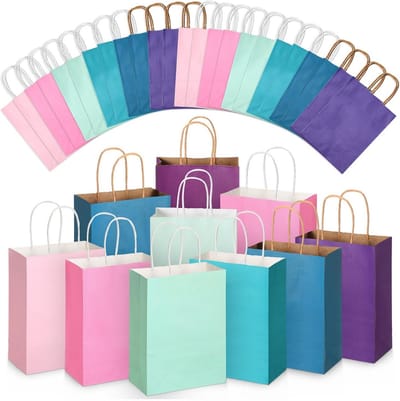 32x Papieren Geschenktassen met Handvat - Diverse Kleuren Kraft Cadeauzakjes - Ideaal voor Feestjes en Gunsten