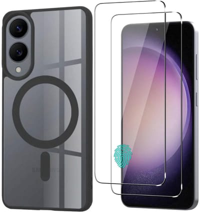 Casemania Hoesje + Glas Geschikt voor Samsung Galaxy S25 Edge - Zwart - Bumper Telefoonhoesje geschikt voor MagSafe - Zachte Thermoplastic Polyurethane Rand en Krasbestendige Transparante Achterkant Back Cover + 2x Glazen Screenprotector