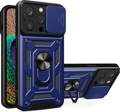 MobyDefend Hoesje - Geschikt voor iPhone 16 Pro - Pantsercase Met Draaibare Ring - Blauw