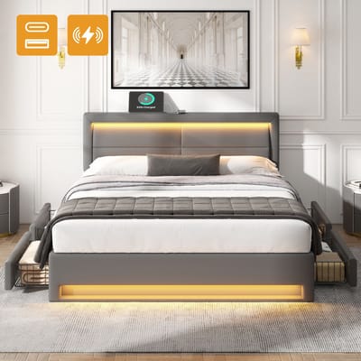MODENUIT Gestoffeerd bed 140x200 cm – USB-opladen & Ledverlichting – 4 Laden – Zonder matras – PU-bekleding – Grijs