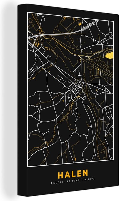 Canvas Schilderij Halen - Plattegrond - Stadskaart - Kaart - Goud - 20x30 cm - Wanddecoratie