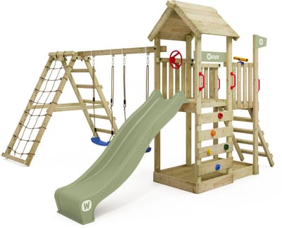 Wickey RocketFlyer Speeltoestel - Dubbele schommel met Glijbaan en Klimaanbouw - Houten Dak & Zandbak - 358x429x265 cm - Pastelgroen