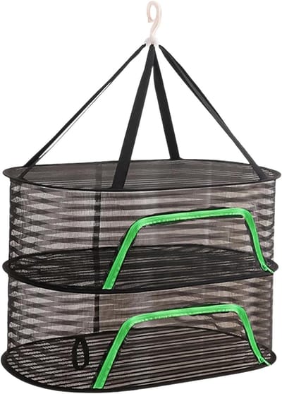 Fruit droogrek van gaas - Opvouwbaar ophangnet voor groenten en vlees - Draagbare lichtgewicht houder - ruimtebesparende organizer voor buiten - duurzaam multifunctioneel accessoire - Dubbele laag - 1 stuk(zwart)