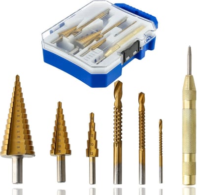 Stappenboor / Trappenboor Set 7-delig – Universele Trapboren met 7 Stappen – Titanium Gecoat HSS – Voor Metaal, Hout en Kunststof – Met Centerpons en Koffer