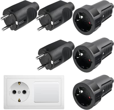 3 paar Schuko stekker koppelingen: 250 V 16 A IP44 geaarde stekker, rubberen koppeling met knikbescherming, 2-polig, waterdicht en veilig voor buitengebruik