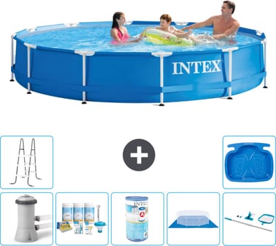 Intex Rond Frame Zwembad - 366 x 76 cm - Blauw - Inclusief Pomp - Onderhoudspakket - Filter - Grondzeil - Schoonmaakset - Ladder - Voetenbad - 8-delig