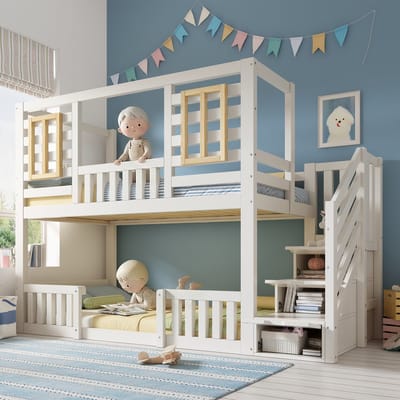 MODFU Stapelbed met trapkast & houten ramen – 90x200 cm – Hutstijl met EN747 veiligheidscertificering – Hout en MDF – Wit – Voor kinderkamer