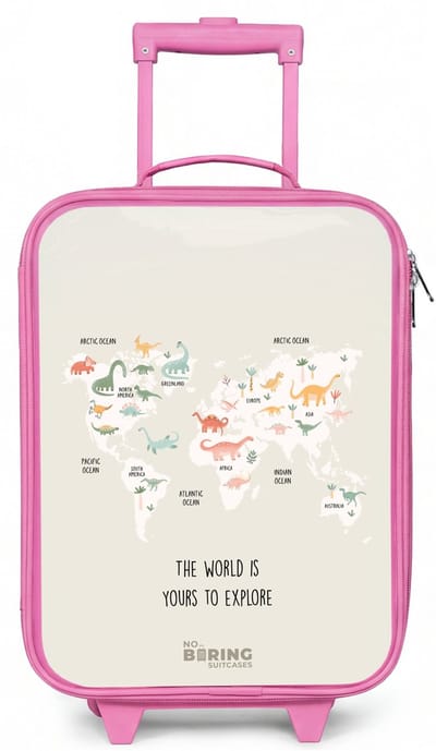 NoBoringSuitcases.com® - Kinderkoffer roze - Kindertrolley meisje - Dino wereldkaart - Koffer kind lichtgewicht - Reiskoffer trolley voor kinderen - Koffertje met lichtgevende wieltjes - Rolkoffer