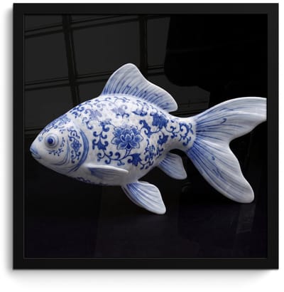 Poster in lijst - Fotolijst 40x40 cm - Posters - Porselein - Goudvis - Delfts - Blauw - Posterlijst zwart - Decoratie - Wanddecoratie woonkamer - Muurdecoratie slaapkamer