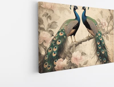 Saammp Canvas Schilderij - 2 Pauwen - Vintage - Dieren - Natuur - 45x30 - Foto op canvas - Wanddecoratie - muurdecoratie Woonkamer - Slaapkamer decoratie - Canvas Print