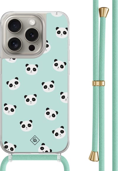 Casimoda® hoesje met mintgroen koord - Geschikt voor iPhone 15 Pro - Panda Print - Afneembaar koord - TPU/polycarbonaat - Mint