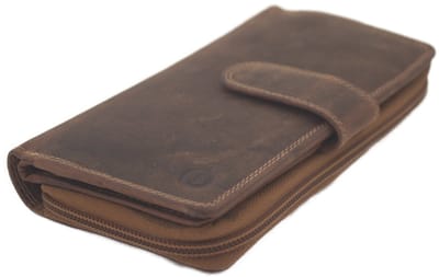 Oi Hunter bruine lederen dames portemonnee met groot rits vak / afsluitbare damesbeurs voor veel pasjes en muntgeld / grote ritsportemonnee afsluitbaar / RFID SAFE / bruin leer /403H