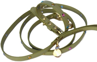 Cavlicious® honden halsband met leiband – kleine hond - veganleder - met strass - geelgroen – S