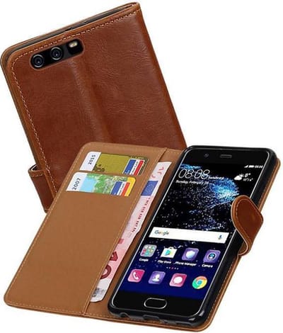 Zakelijke Book Case Telefoonhoesje Geschikt voor de Huawei P10 Plus - Portemonnee Hoesje - Pasjeshouder Wallet Case - Bruin