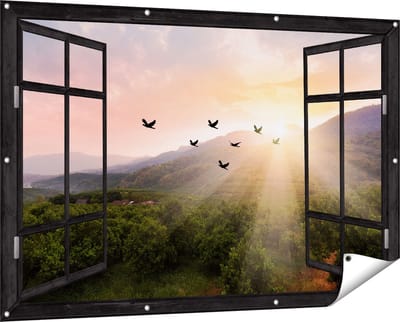 Gards Tuinposter Doorkijk Silhouet Zwerm Vogels bij Zonsondergang - 150x100 cm - Tuindoek - Tuindecoratie - Wanddecoratie buiten - Tuinschilderij