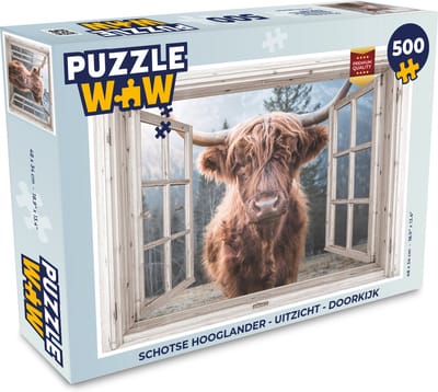 Puzzel Schotse hooglander - Uitzicht - Doorkijk - Legpuzzel - Puzzel 500 stukjes