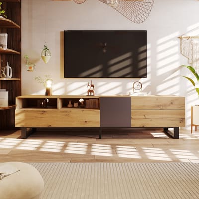 TV Meubel 180 Cm - Houtlook/Zwart - Opbergkast Met 2 Laden En Deuren - Push-To-Open - Zwarte Metalen Poten