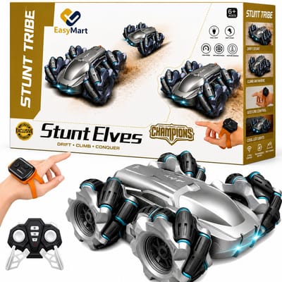EasyMart Bestuurbare Auto – RC Stuntauto met Omni Wielen – 360° & Zijwaarts Rijden – Horloge Besturing & Afstandsbediening – Oplaadbaar – Zilver – 6+