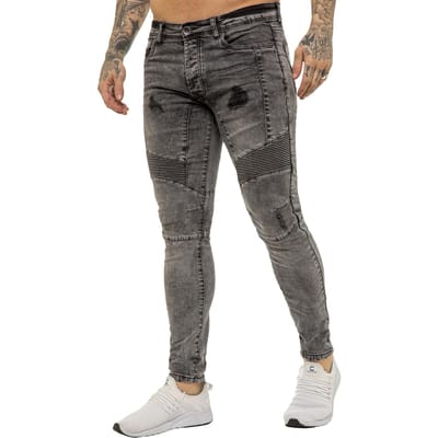Enzo | Heren Skinny Stretch Biker Denim Jeans - Black Acid