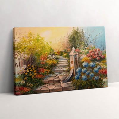 Wallfluent Foto Op Canvas Oliecompositie - stenen trap in het bos - 30 x 20 cm - Bruin Canvas Schilderij - Bloemen en Planten Foto Canvas - Natuur Schilderij Op Doek - Bloemen en Planten Schilderij Op Canvas