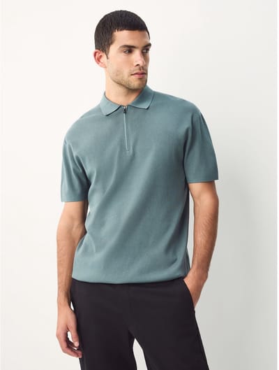 Next - Heren - Relaxed Fit Premium middelzwaar gebreid poloshirt met korte mouwen - Blauw
