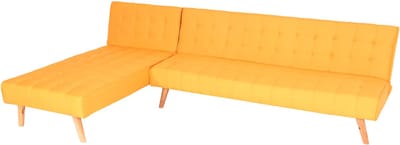 Hoekbank MCW-K38, bank opklapbaar, ligvlak links/rechts, stof/textiel massief hout MVG gecertificeerd 256cm ~ geel