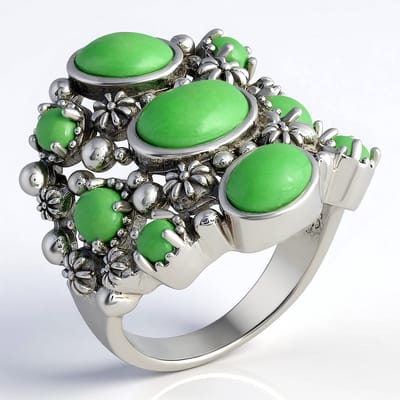 Cavill - Zilveren Ring 925 Sterling Zilver - Groene Turquoise 3.06 ct - Ovale en Ronde Cabochon - Vintage Statement Ring Maat 18