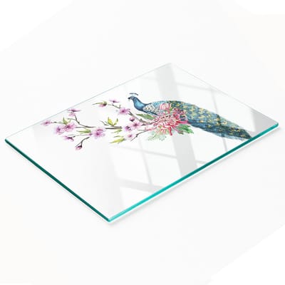 Multifunctionele decoratieve snijplank voor in de keuken met pauw en bloemen, 80x52 cm