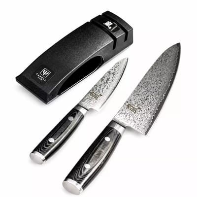 Yaxell Ran Messenset – Giftset – 3-delig – Messenslijper met Koksmes 20 cm en Universeelmes 12 cm – 69 Lagen Damaststaal – VG10 Staal – 61 HRC – Canvas-Micarta Heft
