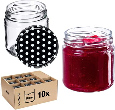 KADAX Kleine inmaakpotten 200 ml jampotten fi66 mm mini-glazen voor honing en specerijen luchtdichte glazen weckpotten potten ronde glazen (10 stuks zwart gestippeld)