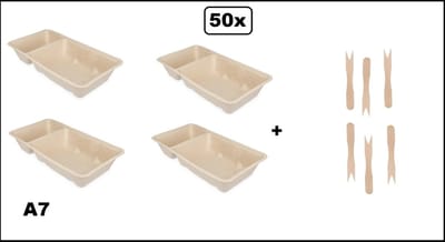 50x Bio Frietbakje A7 met sausvak + 50x Houten snackvork -Suikerriet - Friet patat frites saus friet
