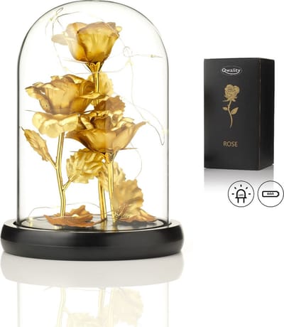 Qwality® Luxe Roos in Glas met LED – 3x Gouden Roos in Brede Glazen Stolp – Moederdag - Cadeau voor vriendin moeder haar - Goud 3x Roos Brede Stolp