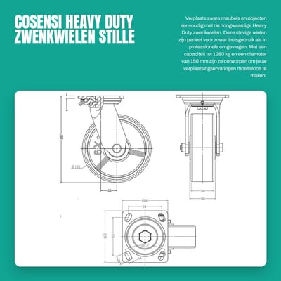Dailygoods- Zwenkwielen Heavy Duty - 150 mm - Set van 4 - Zwenkwielen met rem - Rubberwielen - Schokbestendig - Geen vloermarkeringen - Meubelwielen