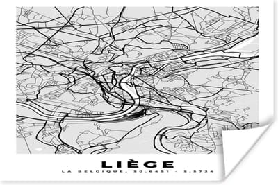 Poster Kaart – Plattegrond – Stadskaart – Liège – België – Zwart Wit - 180x120 cm XXL