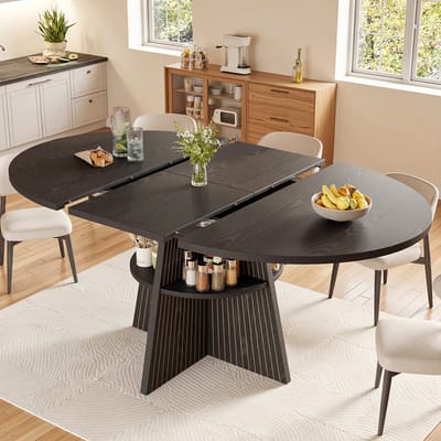 REDOM - Uitschuifbare Eettafel - Open Opbergvak En Afgeronde Hoeken - Modern Klassiek - MDF - Zwart - 110-150 X 110 X 76 Cm