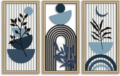 Boho Natuurlijke Houten Wanddecoratie Set van 3 - Abstracte Geometrische Circles en Bladeren voor Woonkamer en Slaapkamer Decoratie