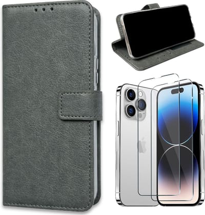 Casemania Hoesje Geschikt voor Apple iPhone 15 Grijs & 2X Glazen Screenprotector- Portemonnee Book Case - Kaarthouder & Magneetlipje