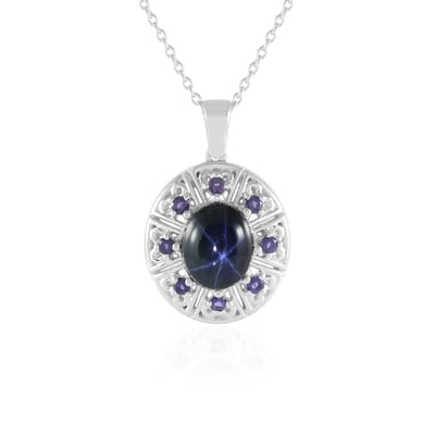Cavill - Zilveren Halsketting - 925 Sterling Zilver - Blauwe Ster Saffier 3.83 ct - 8 Indiase Iolieten 0.29 ct - Elegante Ketting 46 cm