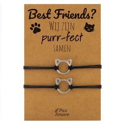 Vriendschapsarmbandjes voor 2 "Wij zijn purr-fect samen" - Schattig Katje - BFF Armbandjes met Cadeau Kaartje - Zwart & Zilverkleurig - Kat / Poesje Armband - Pax Amare