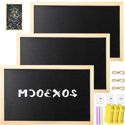 Set van 3 Houten Krijtborden 30 x 20 cm met A4 Lijst voor Wandbevestiging, Zwarte Krijtborden voor Keuken, Menu en Schooldecoratie met 3 Sponsen en 3 Haakjes