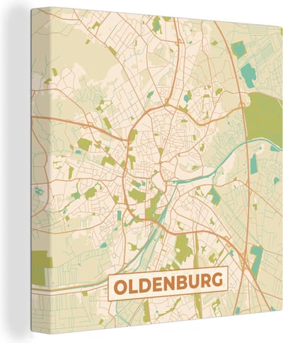 Canvas Schilderij Plattegrond - Oldenburg - Vintage - Kaart - Stadskaart - 20x20 cm - Wanddecoratie