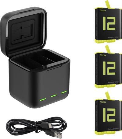 Telesin Oplaadbox met 3 batterijen voor GoPro 9/ 10 / 11 / 12 – Oplaadbox en opslag in één – Ruimte voor 2 Micro SD-kaarten – LED-lampjes voor batterijstatus – 3x GoPro batterij 1750 mAh – Zwart