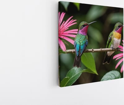Saammp Canvas Schilderij - 2 Kolibries - Dieren - Bloemen - 20x20 - Foto op canvas - Wanddecoratie - muurdecoratie Woonkamer - Slaapkamer decoratie - Canvas Print