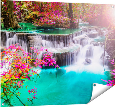 Gards Tuinposter Waterval in de Herfst met Kleurrijke Bloemen - 100x80 cm - Tuindoek - Tuindecoratie - Wanddecoratie buiten - Tuinschilderij