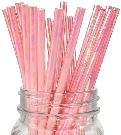 Rietjes, 100 stuks folie glanzende roze koraal parelrietjes wegwerp rietjes voor snoepstokjes, verjaardagsfeestje, iriserende decoratie