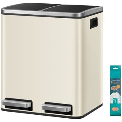 Ochama Dubbele Prullenbak met Voetpedaal, 2 x 15L Afvalscheidingsbak met Inzetbakken, Softclose, Staal, voor Keuken, Beige en Zwart