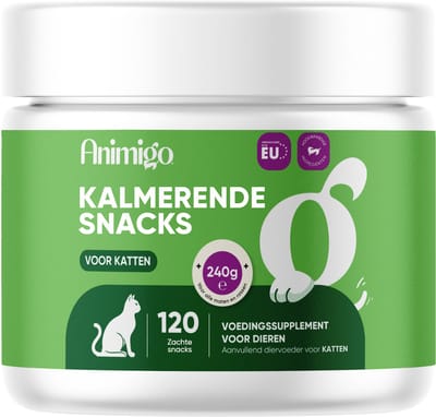 Animigo Kalmerende Kauwsnacks voor Katten - Natuurlijk Kalmeringsmiddel met Ashwagandha, Citroenmelisse, Passiebloem en L-Taurine - Gemaakt in de EU